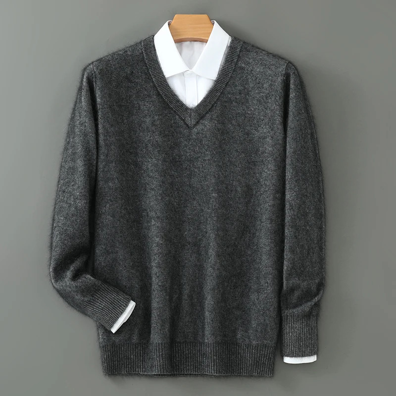 Mens sweater automatic and winter cashmere sweater wool pullover sweater thick bottom knitted V-neck loose warm Korean version 241126