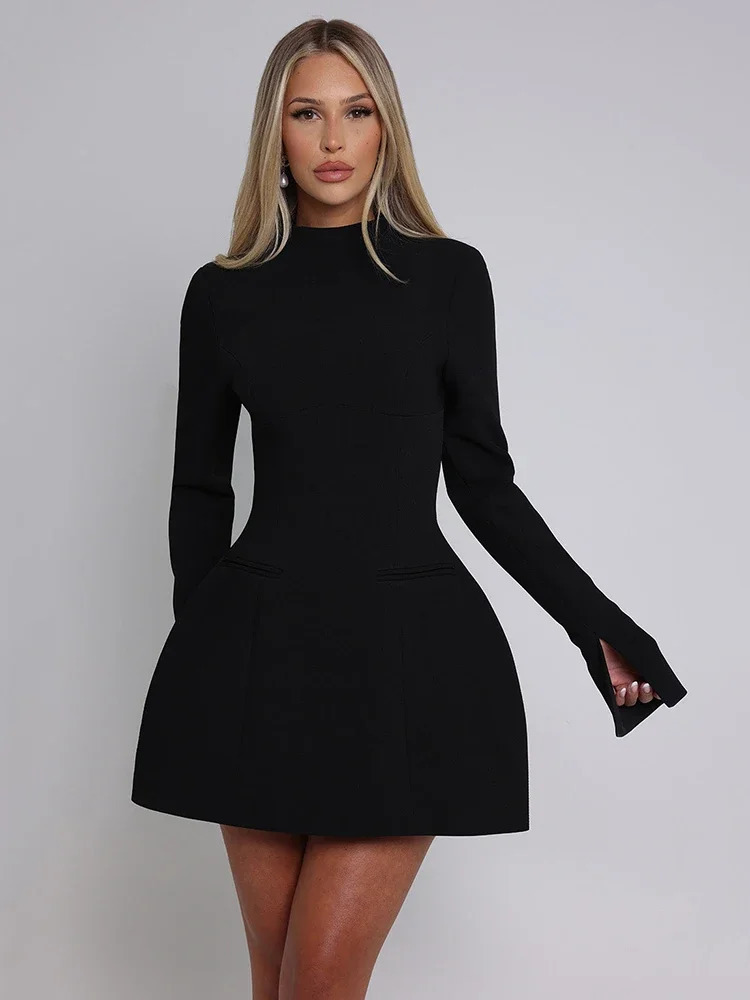 Women Long Sleeve Backless Sexy Mini Dress Elegant Autumn Winter O Neck High Waist Slim Fit Gown Fashion Lady Club Party Dresses 241112