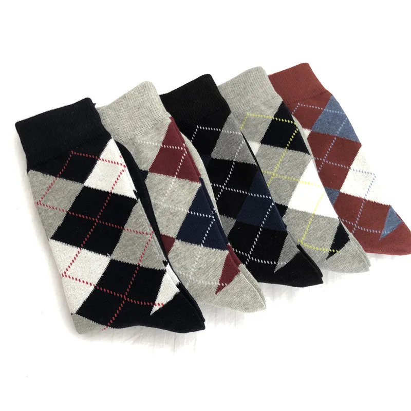 Match autumn and winter classic British style large diamond checkered business casual mens socks thickened 5 pairs/batch 241126