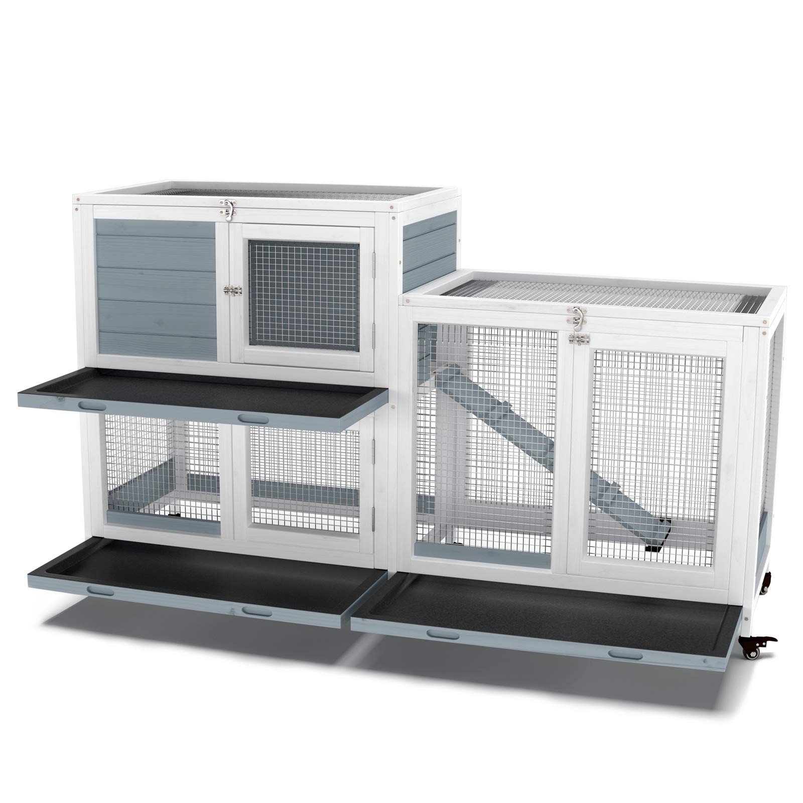 Wooden Indoor Bunny Hutch Rabbit Cage on Wheels Guinea Pig PET House for Small to Medium Animals Waterproof No Leak Tray