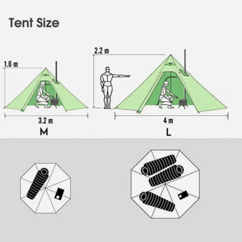 320/400 Big Camping Pyramid Tent 4 Season Ultralight Bushcraft Backpacking Tent Outdoor 210T Plaid Winter Tent with Snow Skirt 240416