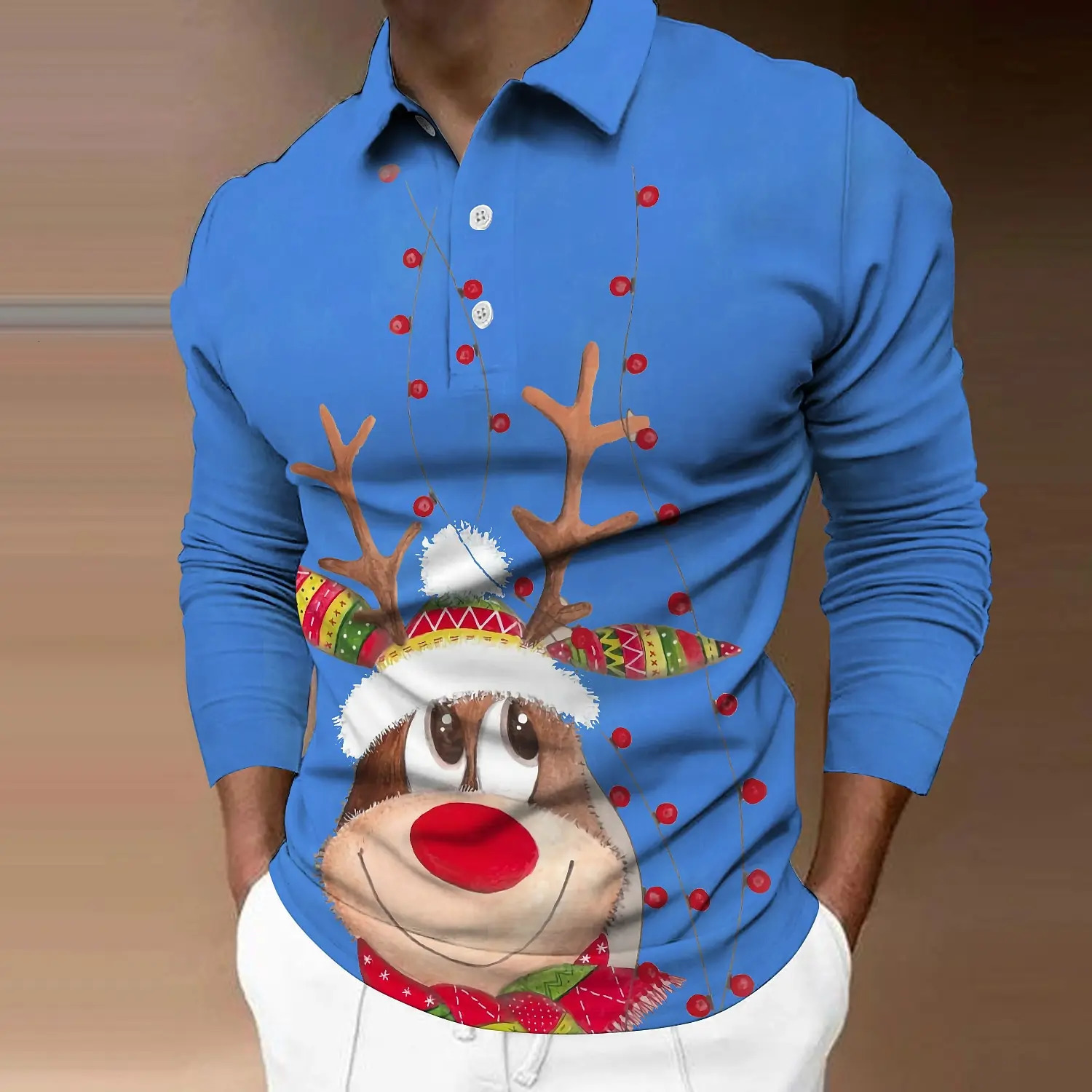 Cartoon Elk 3D Print Mens Long Sleeved Polo T Shirt Casual Lapel Loose Tops Fashion Year Christmas Clothing Autumn Pullover 241126