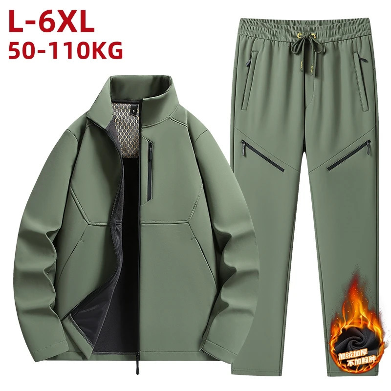 Large size 6XL mens soft shell track suit thick wool lining hooded sweatshirt long hooded sweatshirt set mens jacket pants 2-piece set sportswear 2411