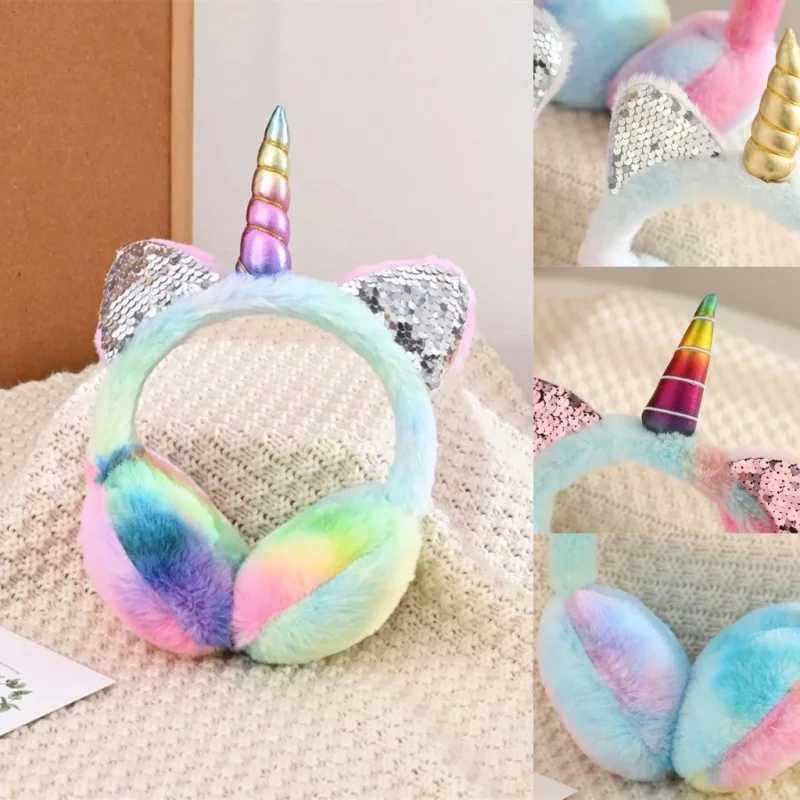 Cute unicorn earmuffs with sequins for children cat earmuffs for winter warm fur plush headband for women tie dye fluffy earmuffs W241126
