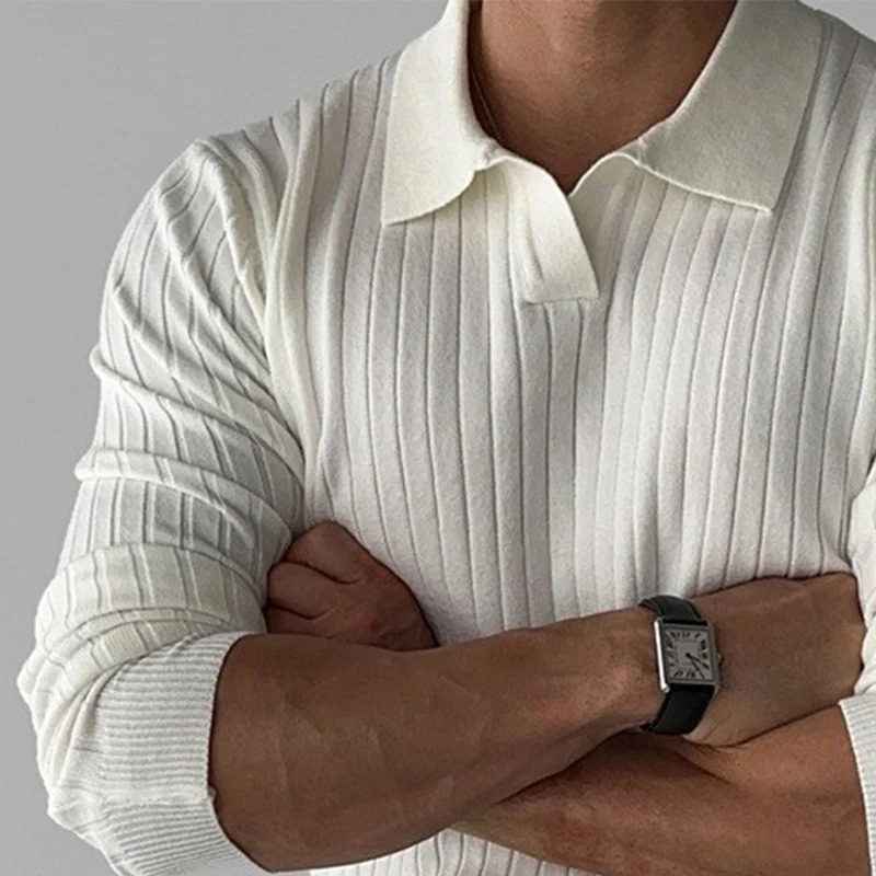 Autumn clothing mens lightweight V-neck knitted jacquard polo shirt solid color long sleeved Korean casual knitting 241121