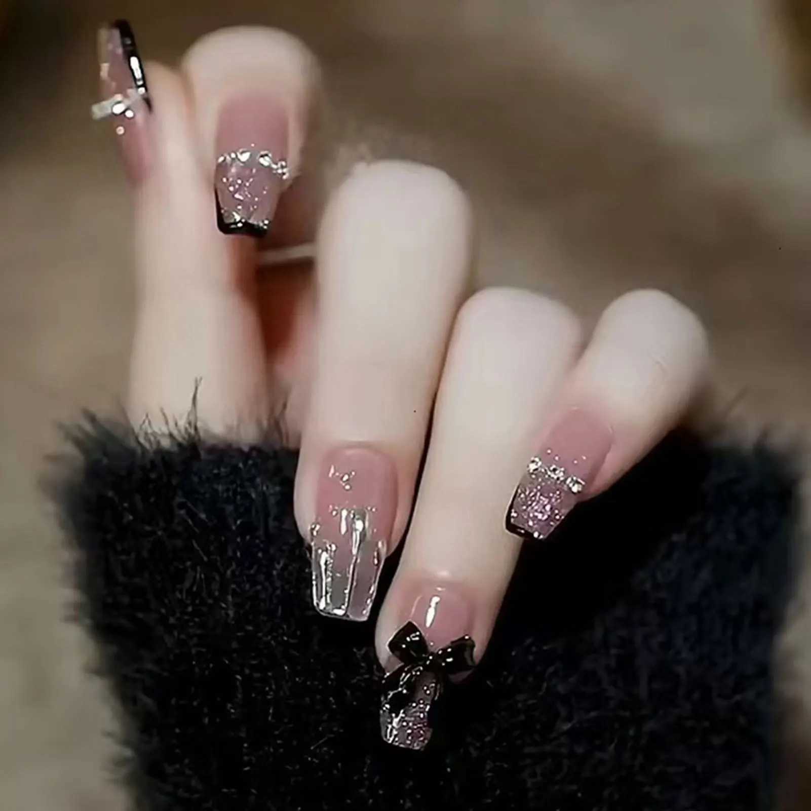 French Style False Nails Glitte Bow Design Fake Nail Patch False Nail Patch Mid Length Coffin Ballerina Acrylic Artificial NailsW250120