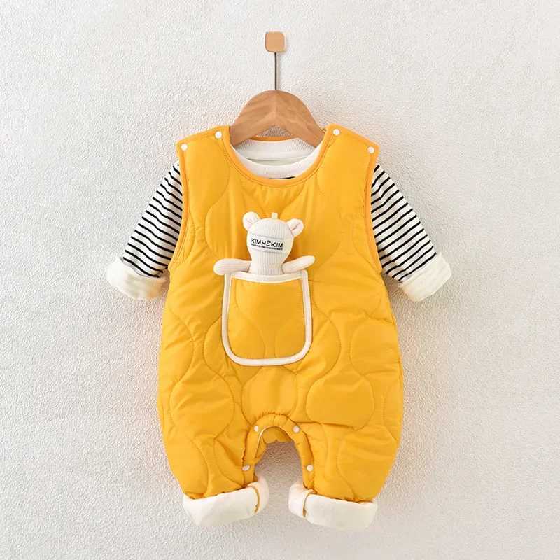 Clothing Sets Autumn Winter Baby Boy Girl Rompers Newborn Plush Thick Cotton Set Warm Striped Top+Jumpsuit with Doll 2pcs Casual Baby Clothes H241126