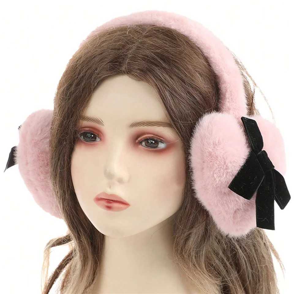 Women Solid Color With Black Bow Fluffy Cute Heart shed Ear Warmer Earmuffs ldeal For WinterXJ241126
