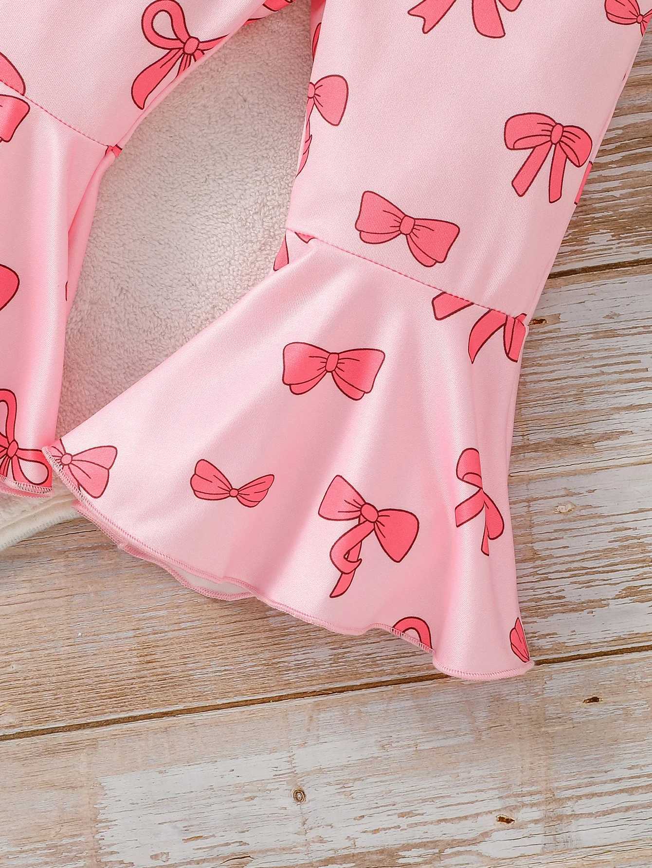 Clothing Sets 2Pcs Kids Girl Fall Outfit Solid Color Long Sleeve Sweatshirt With Bow Print Flare Pants Children Honey Pink Clothes Set H241126