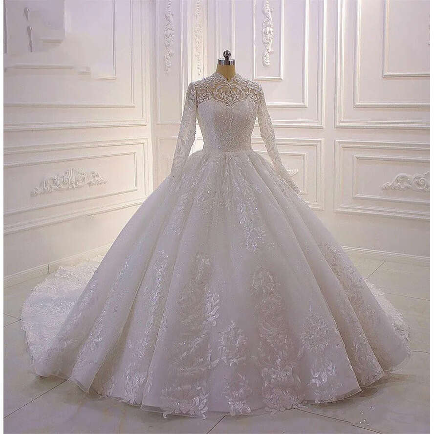Muslim Long Sleeves Ball Gown Wedding Dresses High Neck Lace Appliqued Beaded Plus Size Bridal Gowns Robe De Mariee BC4373