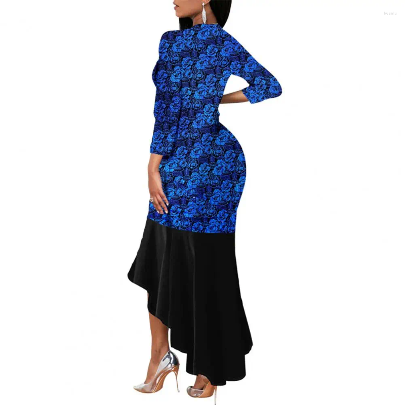 Casual Dresses Women Maxi Dress Elegant Fishtail Hem Flower Printed For V-neck 3/4 Sleeve Prom