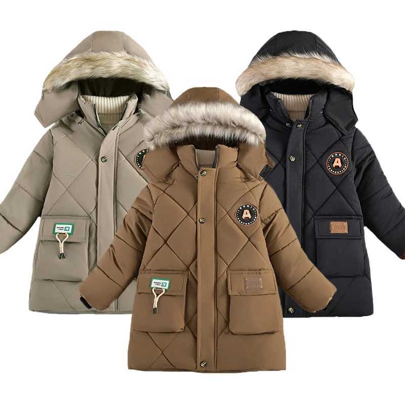 Down Coat 2024 Winter New Boys Jacket Solid Color Lining Plush Keep Warm Fur Collar Hooded Zipper Outerwear For 4-10Y Teen Kids Snowsuit H241123E0R8