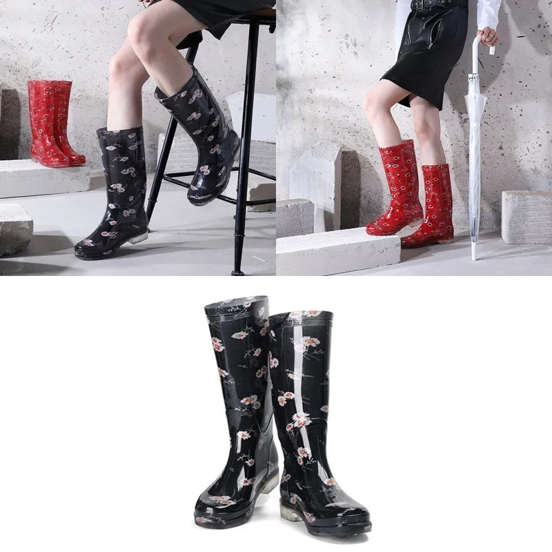 Womens adult Galoshes long boots floral printed rain boots PVC anti slip knee high boots womens rain boots free delivery 241126