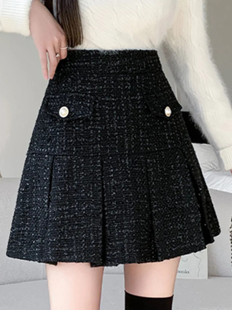 HMA autumn and winter fashion coarse woolen short skirt womens version A-Line high waisted wool pleated skiing 241125
