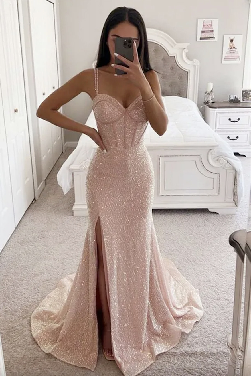 Mermaid Pink Sequin Prom Dress With Sweetheart Necke And Slit 6660306