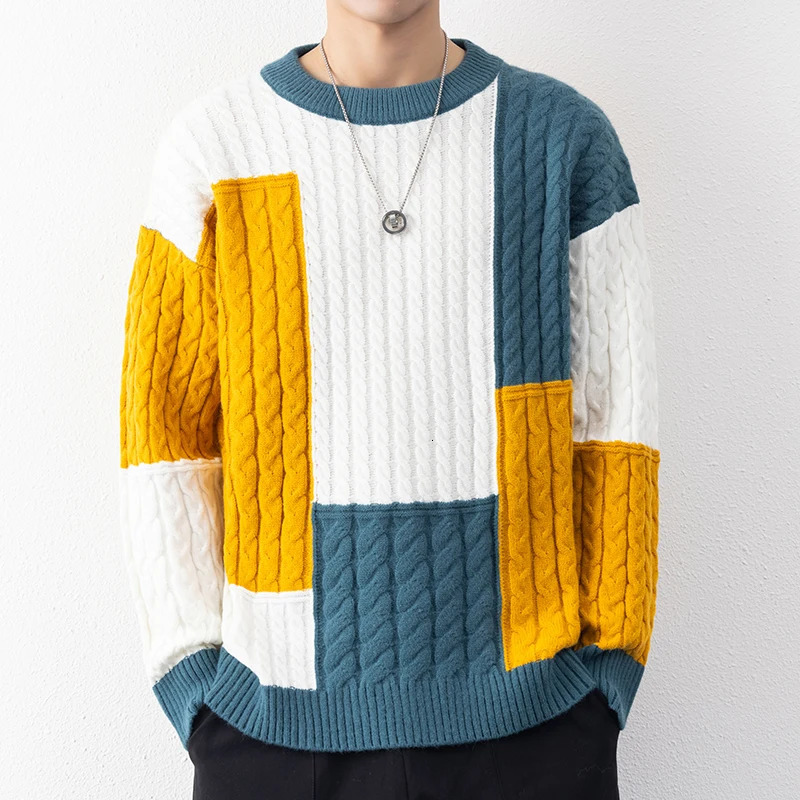 winter fashion patch work loose sweater mens street clothing high-quality mens casual sweater warm knit fleece mens clothing 241126