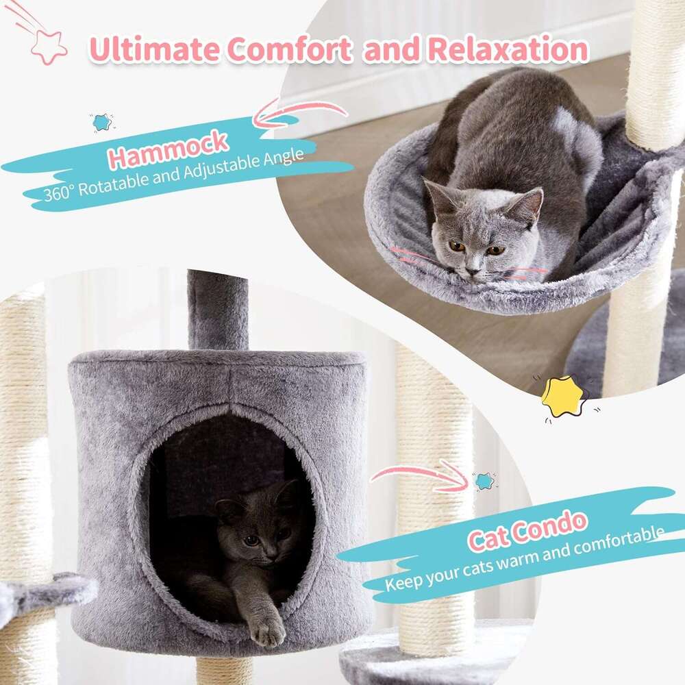 Made4Pets Cat Tree for Indoor Cats, 60.2-inch Large Cat Tower, with Soft Hammock, 5-Level Tall Cat Condo, Sisal Scratch Posts, Fluffy Ball, 3-7days de
