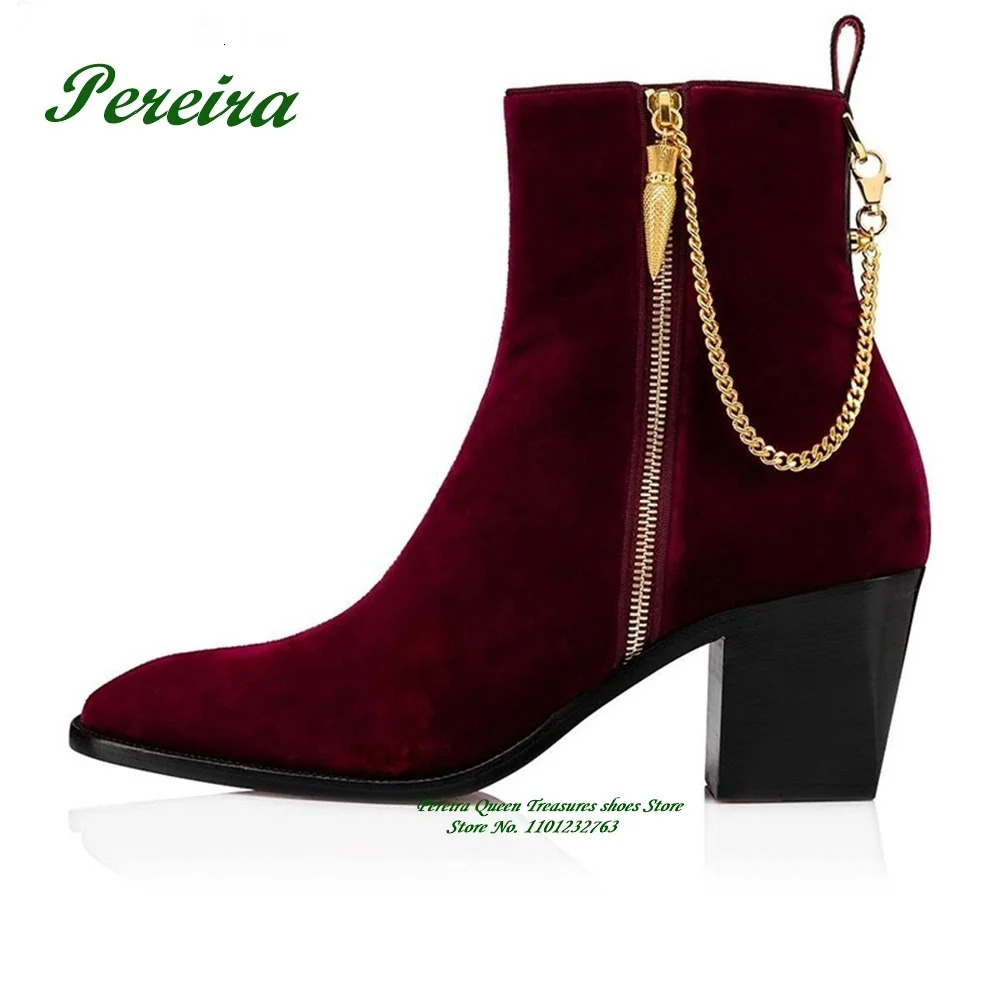 Foot strap suede gold zipper mens Chelsea boots red velvet leather round toes handmade gold chain decorative block boots 241125