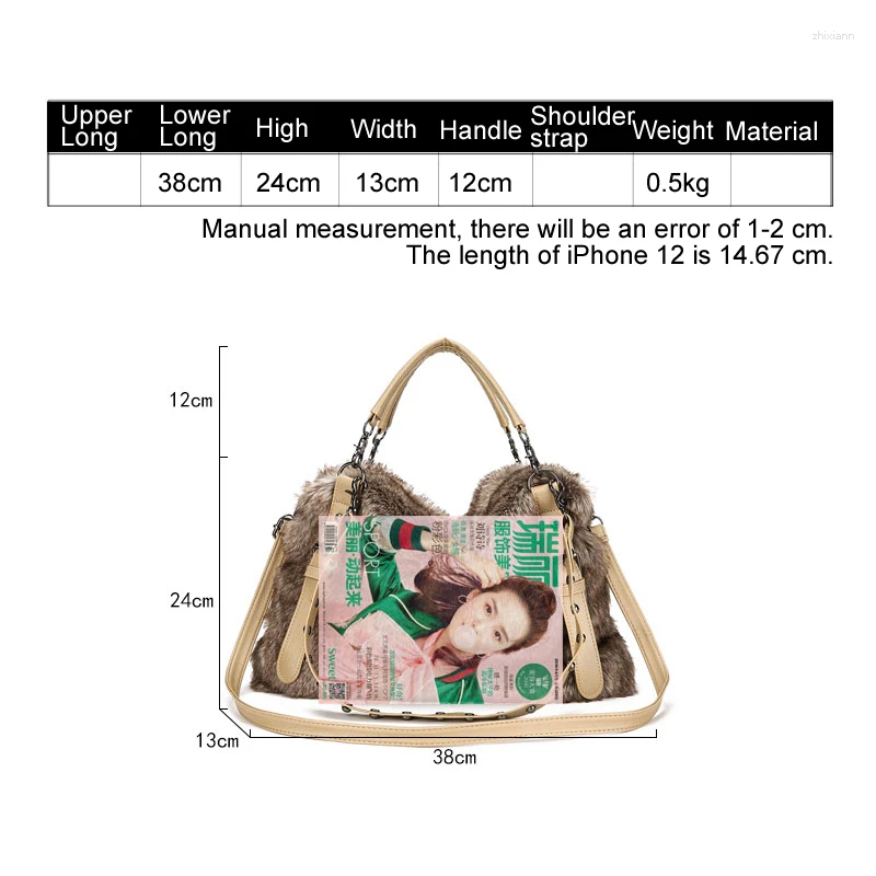 Shoulder Bags Faux Fur Totes Bag Shopping Handbag Winter Women Plush Purse Trendy Rivet Cold Woollen Design zhanyishengli