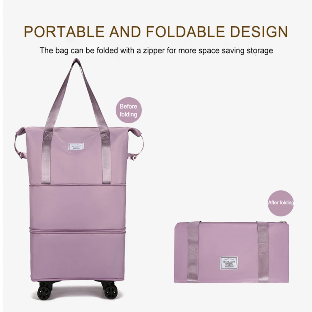 Folding Luggage Bags Expandable Rolling Duffle Pack with Wheel Large Capacity Oxford Clot Dry-Wet Separation Outdoor Weekend Bag 241114