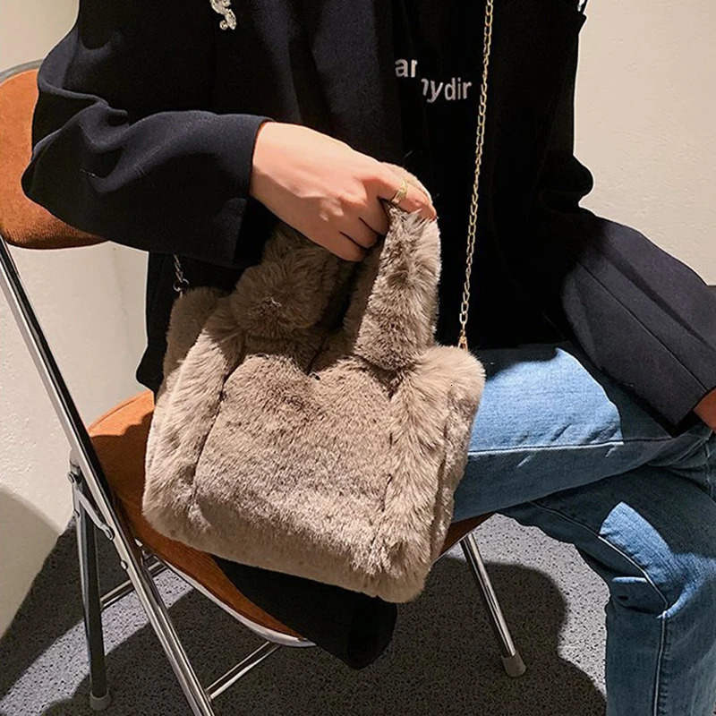 Womens Bag Faux Fur Shoulder Autumn Winter Plush Tote Puffer Handbag Casual Fuzzy Large Capacity Shopping 241125