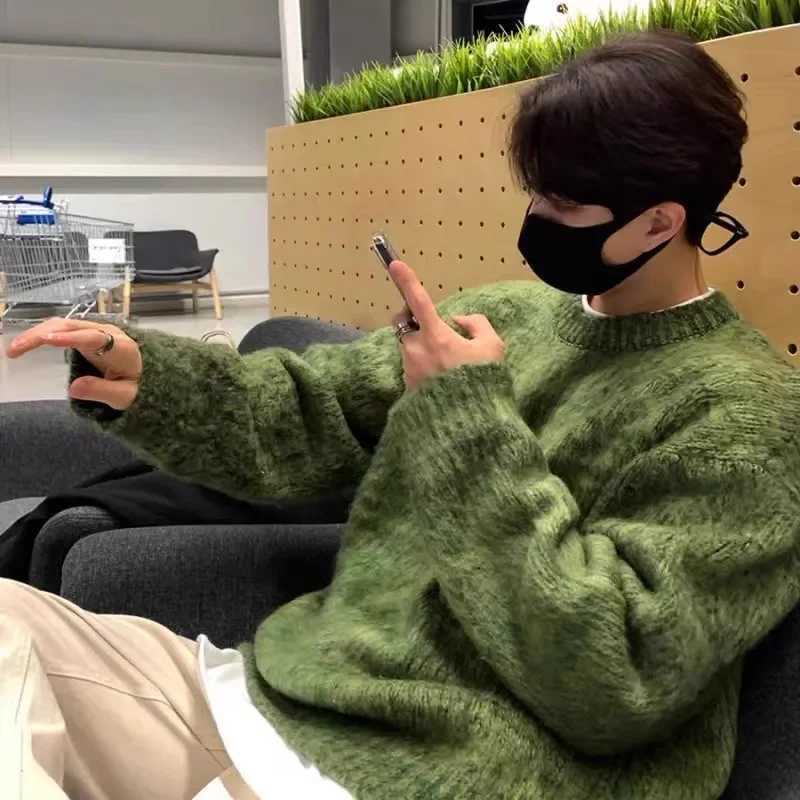 Retro American Angora Mens Green Sweater Autumn Korean Casual Fashion Brand Wool Jacket Crew Collar Zipper W241126