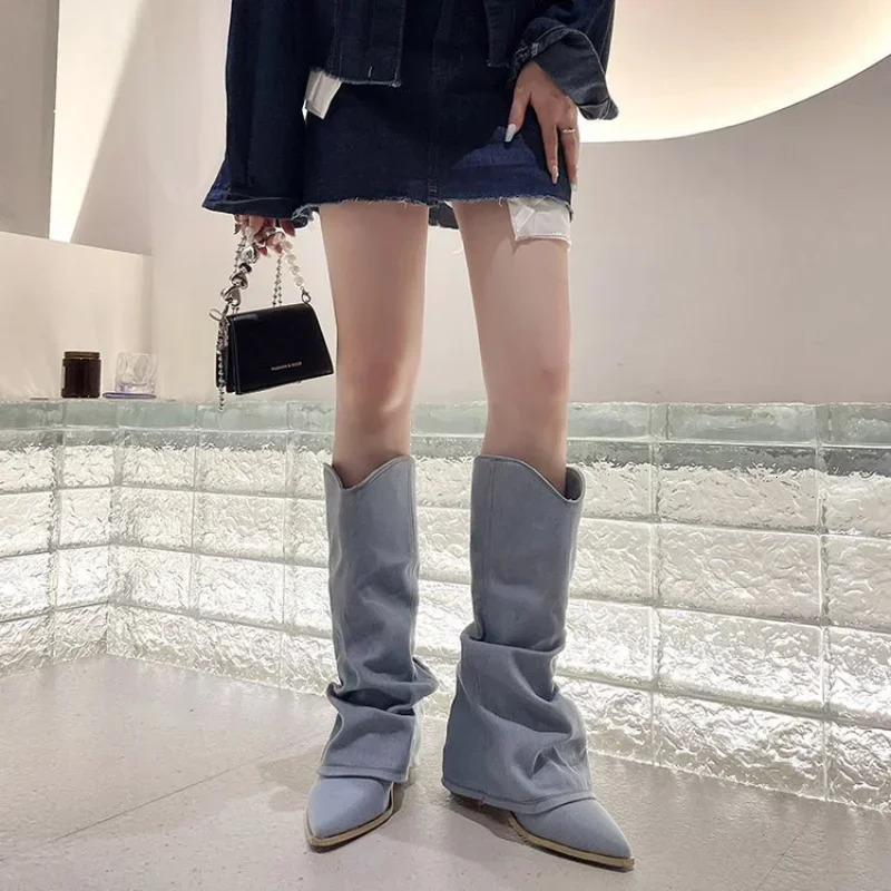 Women Pleats Blue Denim Thigh High Boots Autumn Thick Heeled Pointed Toe Cowboy Boots Woman Slip On Western Long Boots 241114
