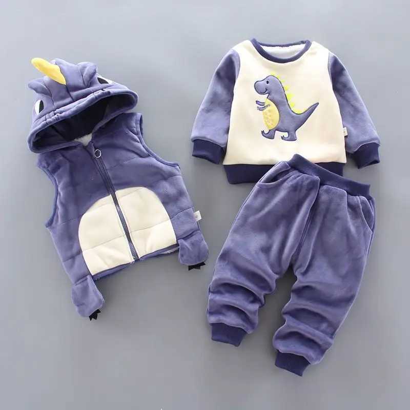 Clothing Sets Baby Boys Clothing Sets Winter Plus Velvet Thick Warm 3Pcs Outift Cartoon Dinosaur Children Clothes Sport Tracksuit Set For Kids H241126