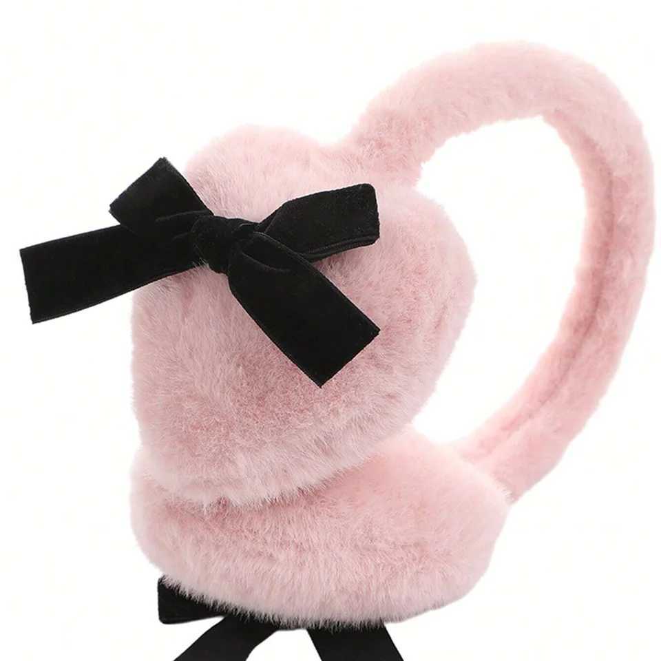 Women Solid Color With Black Bow Fluffy Cute Heart shed Ear Warmer Earmuffs ldeal For WinterXJ241126