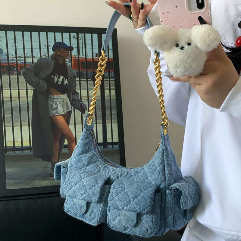 - Leather Handbags Chic Hot Dia Grid Shoulder With Chain Strap, Fashionable Crossbody Hobo Bag, Versatile Underarm Bag - Strap, ,