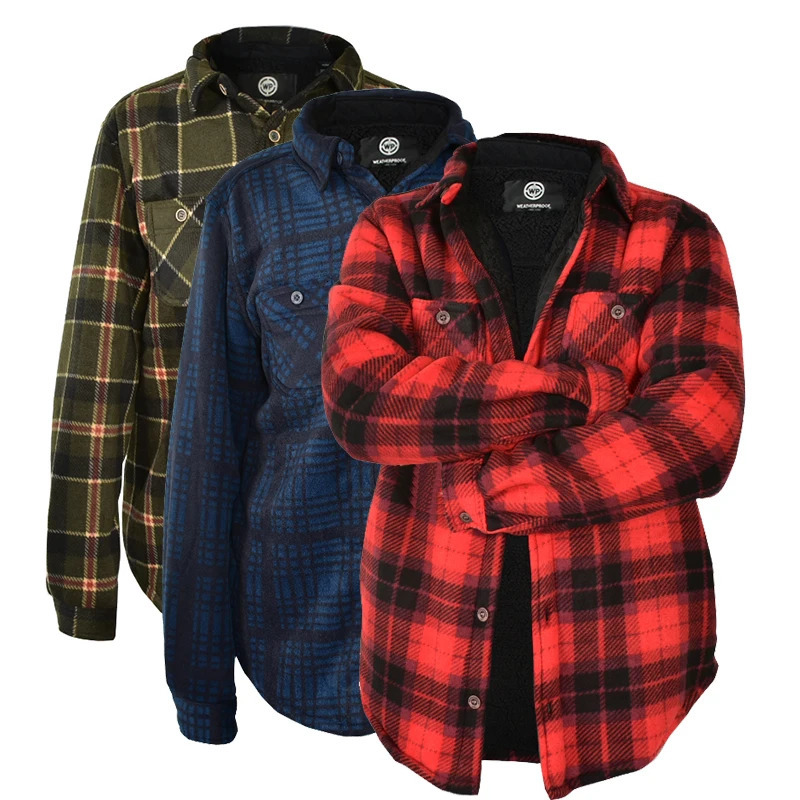 Mens long sleeved Sherpa lined shirt jacket wool plain flannel shirt casual autumn thick warm shirt US size 241126