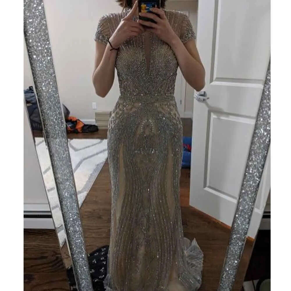 Mermaid Crystals Jewel Bg Sequin Long Evening Short Sleeves Tulle Pageant Dresses Formal Gowns Robe De Soiree Bm 6660306