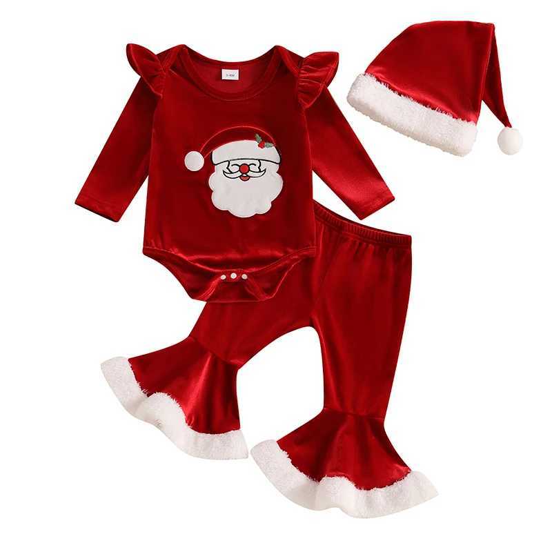 Clothing Sets Toddler Girls Holiday Ensemble Festive Santa Claus Embroidered Romper with Matching Flare Pants and Hat Set for Christmas H241126