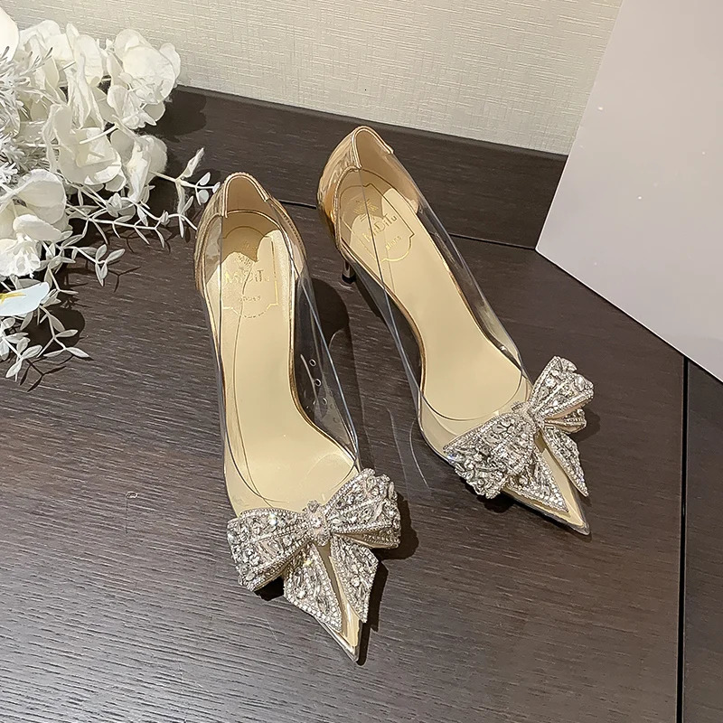 Fashion Sliver Rhinestone Bow PVC Transparent Women Pumps Autumn Stiletto High Heels Sexy Bride Party Wedding Dress Shoes 241126