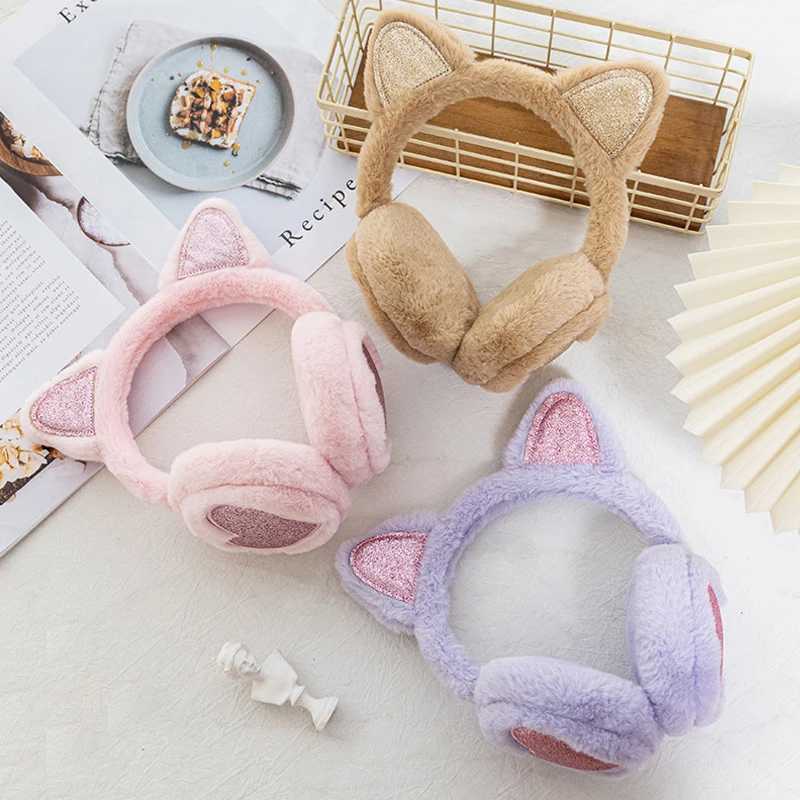 Cute Glitter Cat Ear Earmuff Soft Plush Warmer Winter Warm For Women Men Fashion Solid Earfl Outdoor Cold Protection Ear CoverXJ241126