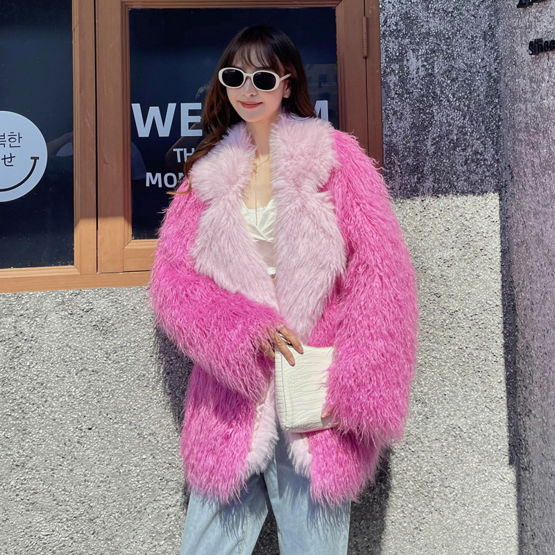 Women's Fur European and American fur imitation beach wool medium long Toka lapel peach pink fur spliced lamb wool jacket