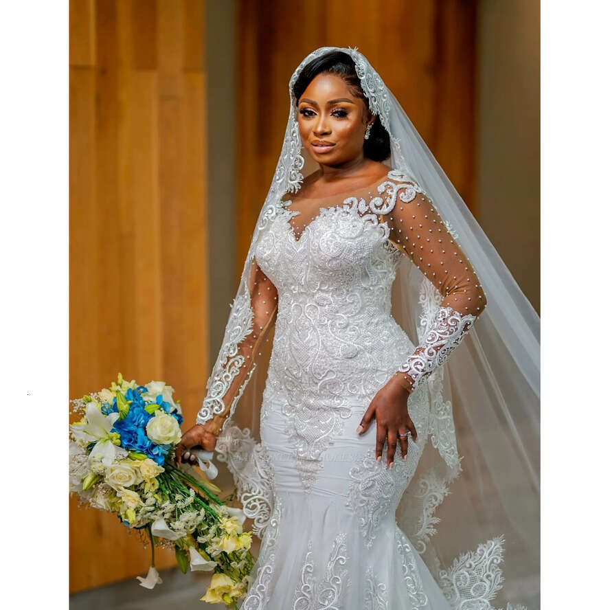 2023 Lace Mermaid Sheer Long Sleeves Pearl Beaded Wedding Dresses African Plus Size Bridal Gowns Bc15031 0215