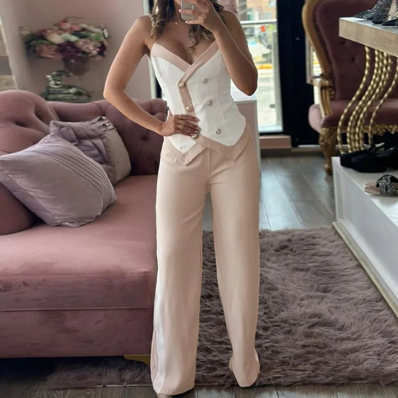 Elegant Double Breasted Sling Printing Sets For Women Summer Fashion Sleeveless Sexy Off-shoulder Long Pants Female Party Suits 240415