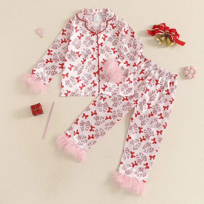 Satin Christmas Pajamas for Girls Cup Milk Christmas Silk Pajamas 2PC Button-Up Pjs Feather Sleeve Kids Xmas Pajamas Set 241126