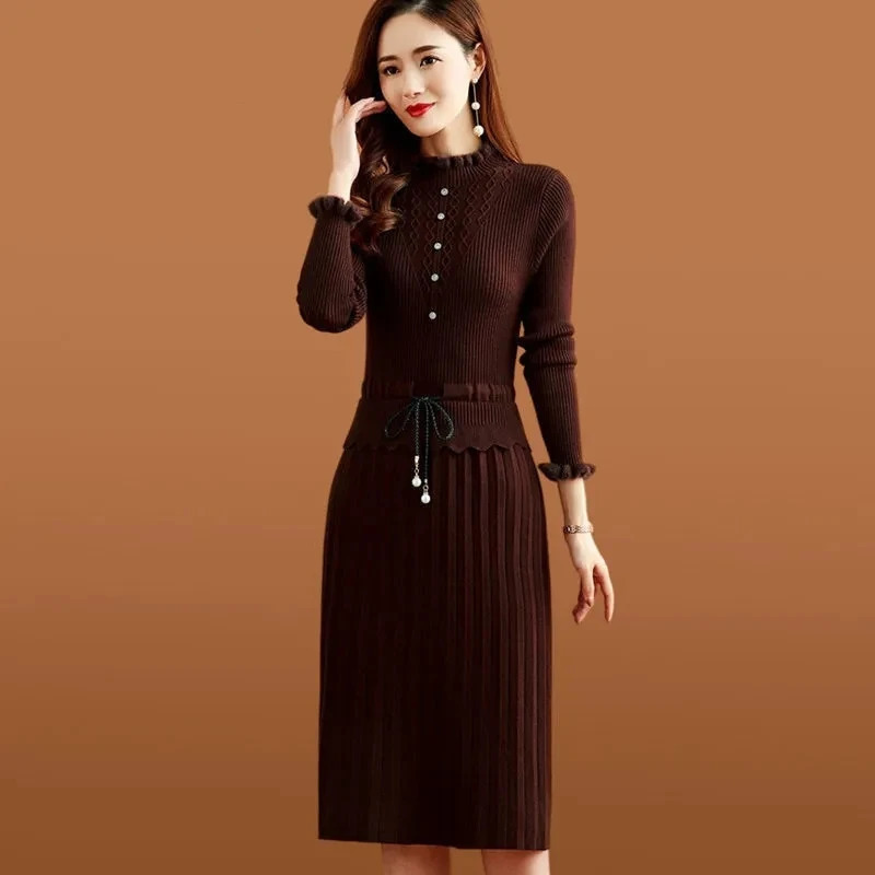 Wrinkled Knitted Dress Bottom Sweater Two Piece Womens Retro Elegant Long Sleeve Autumn Casual Slim Fit Midi Vestidos 241125