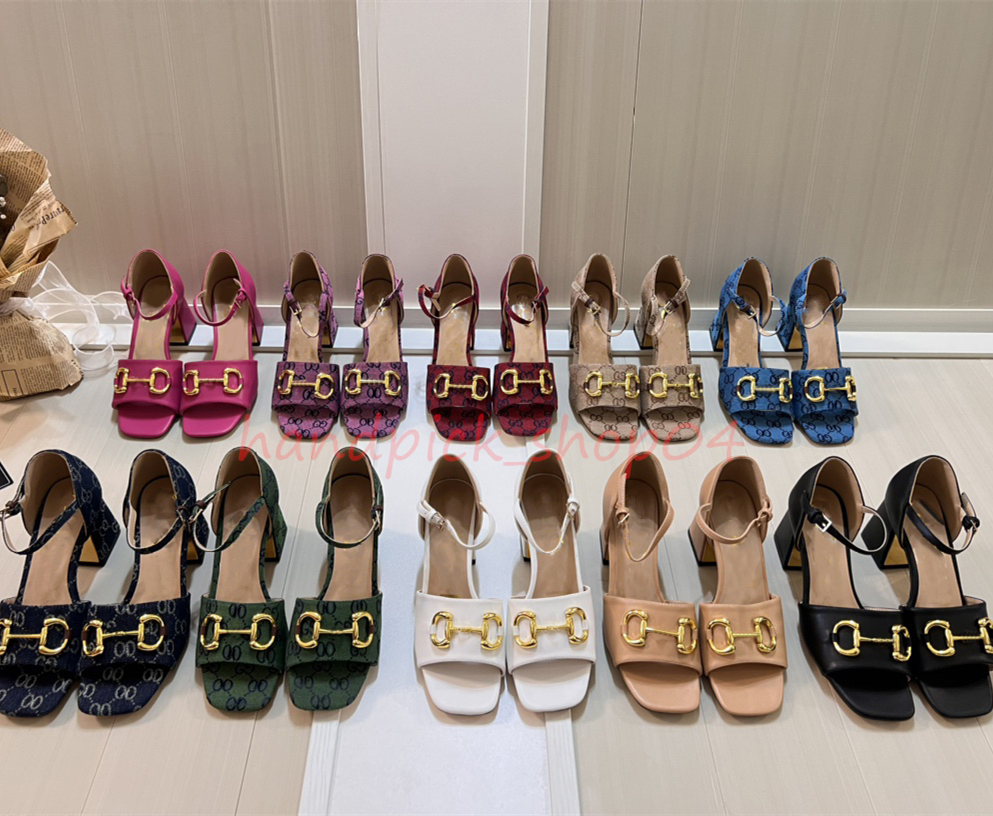 Luxury Women High Heel Shoes Leather Canvas Sandals Gold metal buckle Square heel Sandals Designer shoes for women