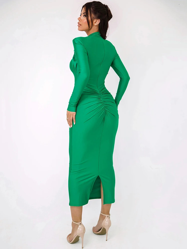 Mozision Hollow Out Long Sleeve Sexy Maxi Dress For Women Gown Autumn Winter Metal Buckle Ruched Slit Elegant 241112