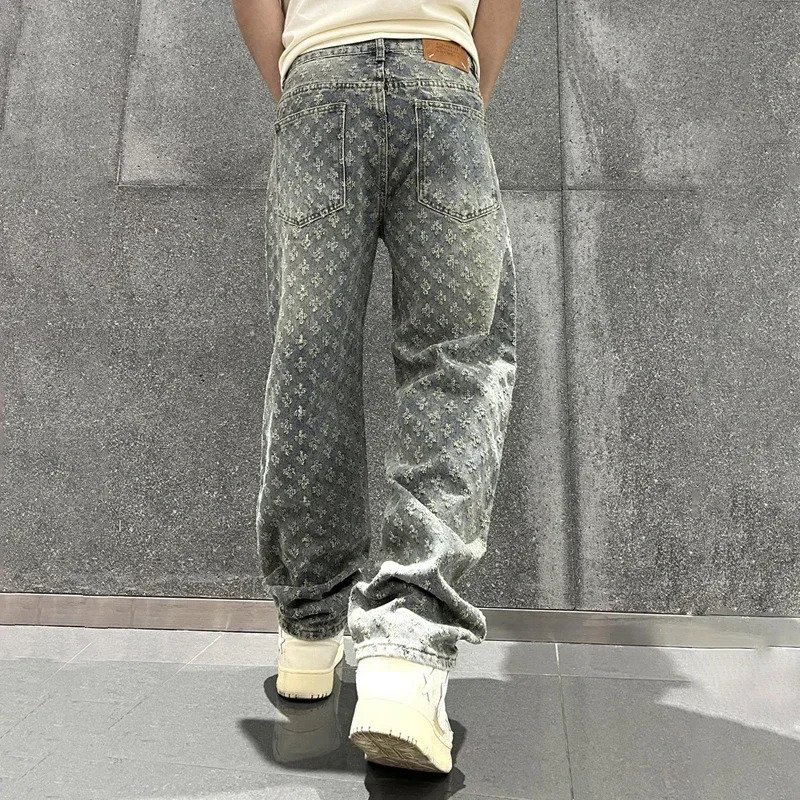 Jacquard Pattern Denim Pants Male Straight Fitting Baggy Bottoms Distressed Wide Jeans For Men 241126wtt