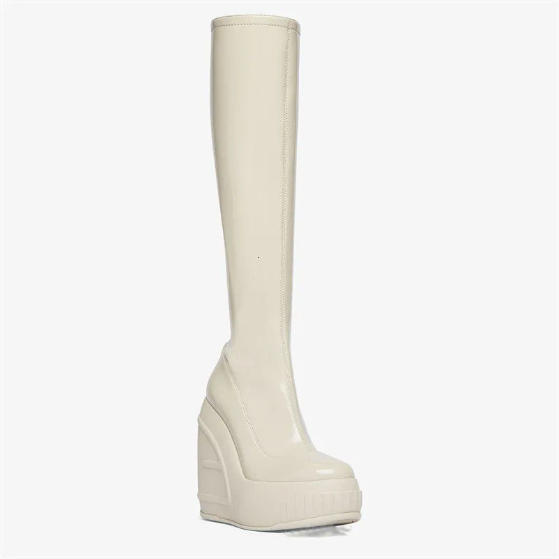 2024 Spring New Slope Thick Bottom Round Toe High Heel Fashion Sexy Cross-Border Women's Plus Size Knee-High Boots