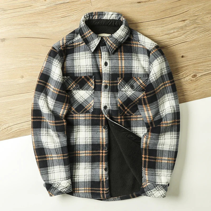 Mens winter warm long sleeved shirt jacket wool plain flannel shirt outdoor casual jacket hiking fishing shirt 241126
