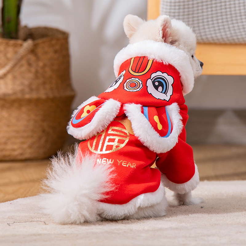 Autumn Winter Thickening Plush Coat Awaken Lion Chinese garments for Small Dogs Puppy T-Shirt Fleece Pullover Pet Clothing