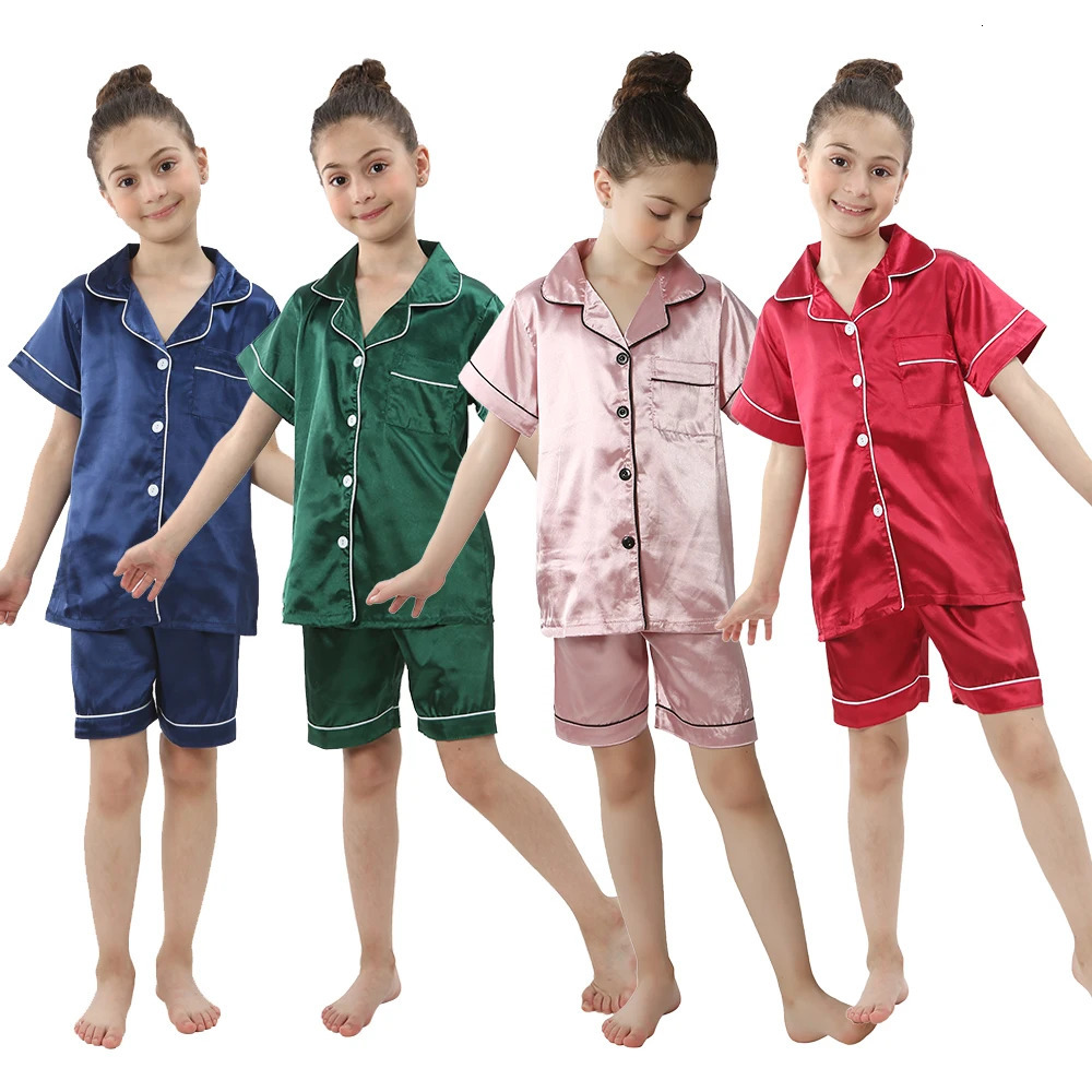 2 4 6 8 10 12 14 Years Children Pajamas Satin Silk Summer Toddler Boys Girls for Teens Pink Kids Pijamas Short Sleeve Pyjama Set 241126