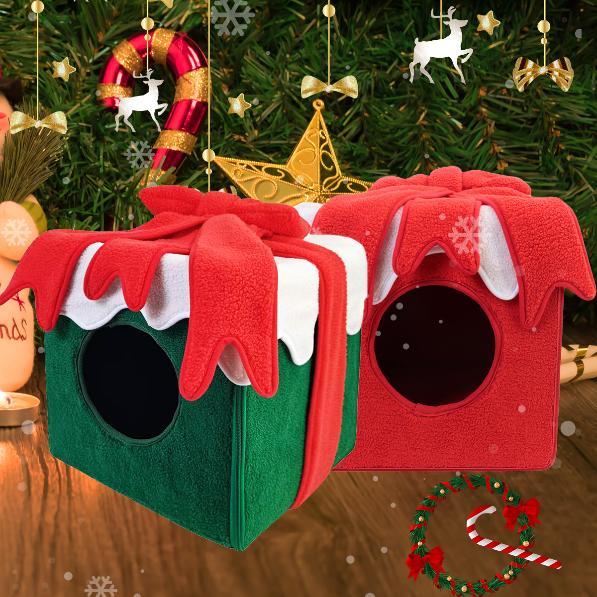 Christmas Gift Box Foldable Warm Indoor Cat Bed House
