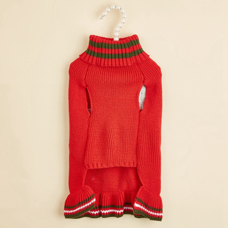 Christmas Pet Sweater Dress Cat Dog Clothes Autumn and Winter HoHo High Neck Bow Embroidery Skirt