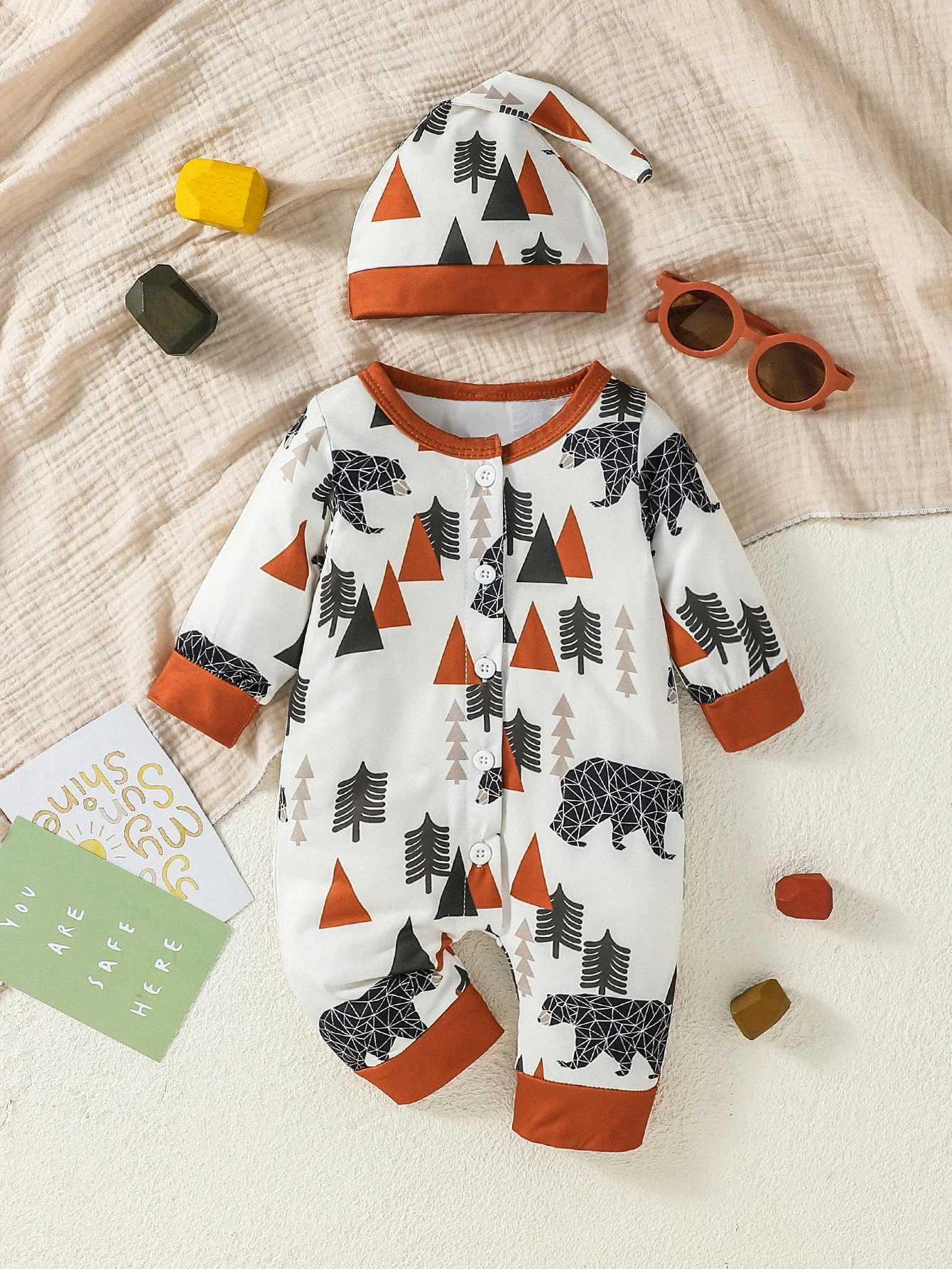 Clothing Sets 3Pcs 0-12M Baby boy Spring/ autumn Long Sleeve Print Trees Bear leisure and simplicity jumpsuits+Hat H241126